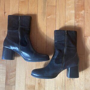 Born Black Leather Suede Block Heel Ankle Boots